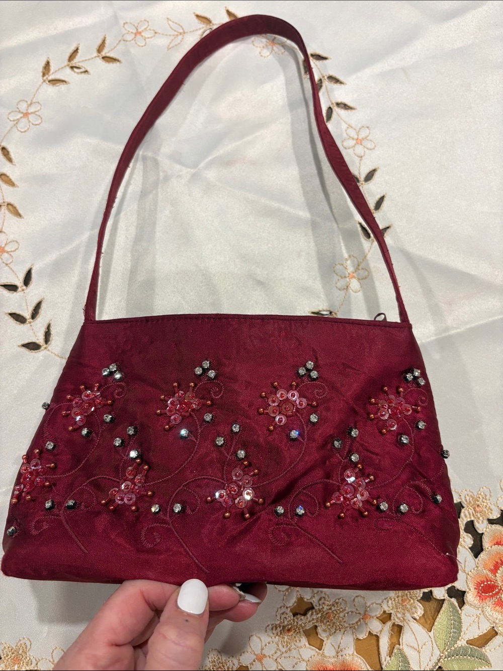 Elegant Burgundy Embellished Evening Shoulder Bag